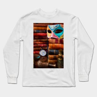 Old Mask On Stack Of Antique Books Long Sleeve T-Shirt